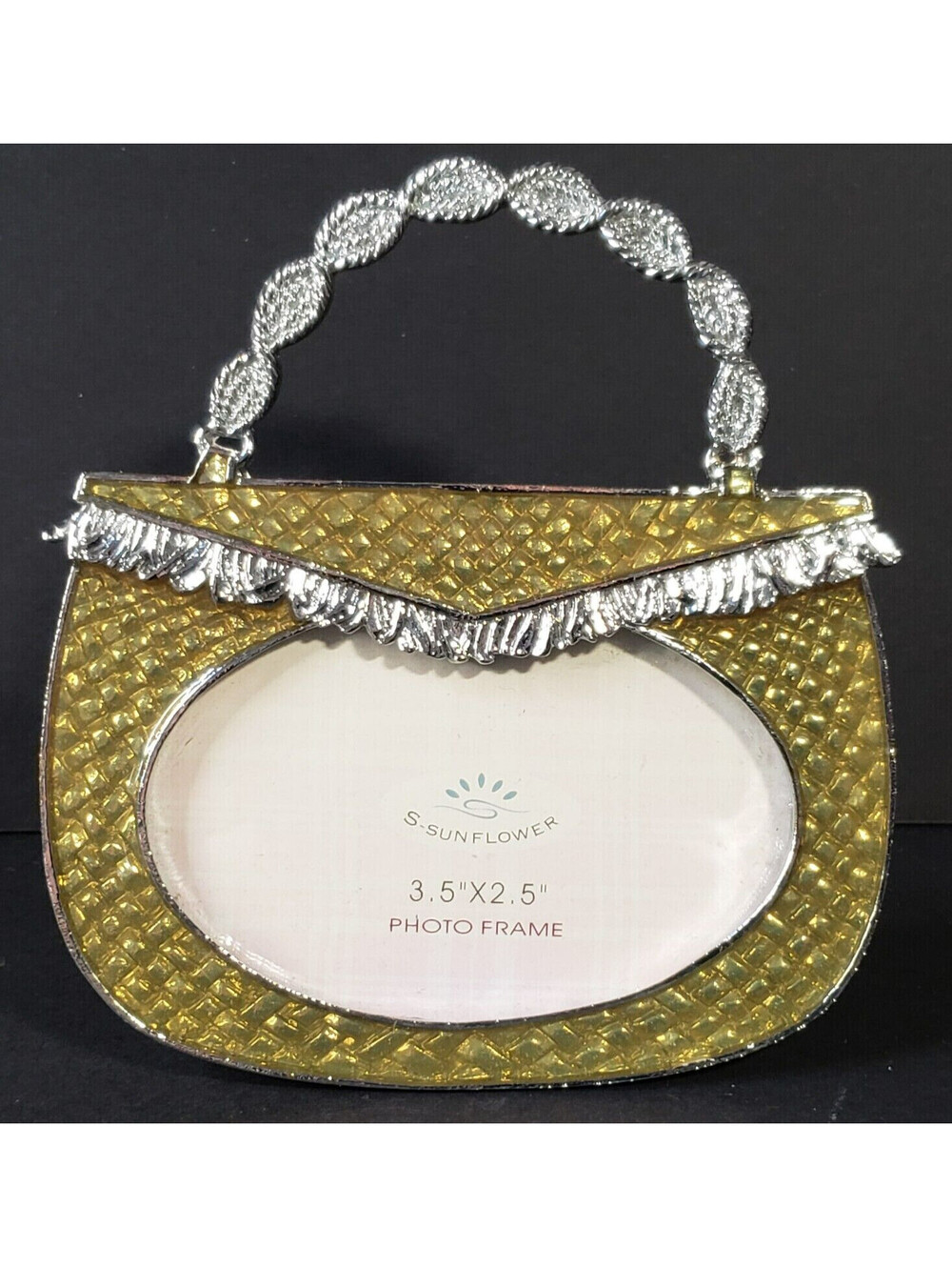 S. Sunflower Metal Gold Enamel Purse Photo Frame Handbag 3.5 x 2.5 Picture Easel
